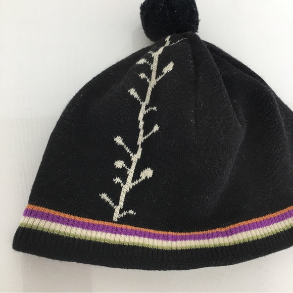 Vintage Turtle Fur Wool Beanie Hat Pom Pom Unisex Black With Colorful Stripes - Picture 3 of 9